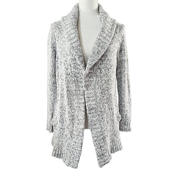 Eddie Bauer White Black Marled Knit Shawl Collar Open Front Cardigan Cozy - Picture 1 of 9